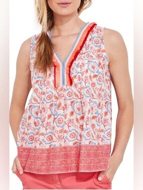 Vineyard Vines Women’s Papaya Punch Block Print Floral Pintuck Top, Size Large